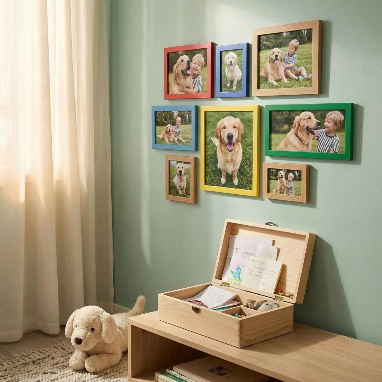 Child's room with framed dog photos at eye level