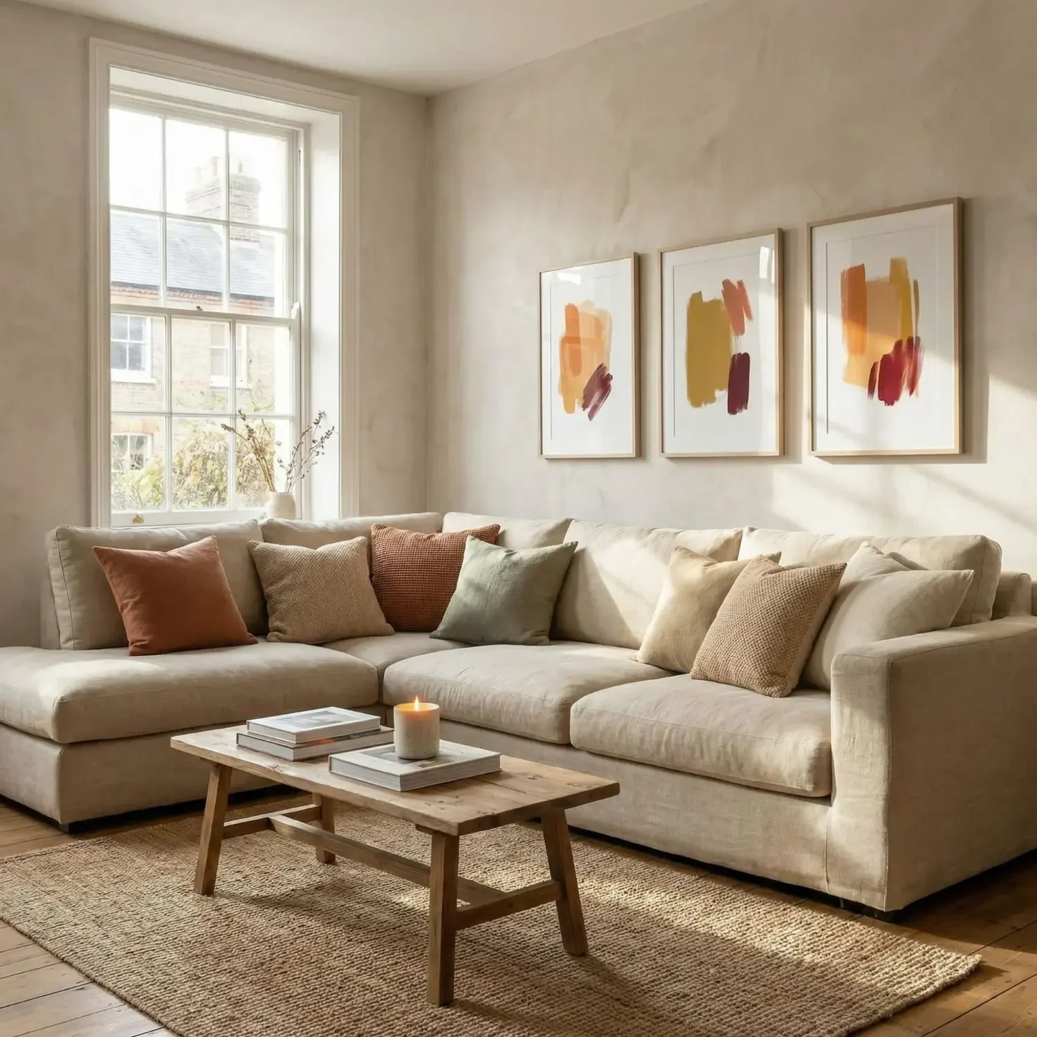 Matte triptych wall art near window in open plan room