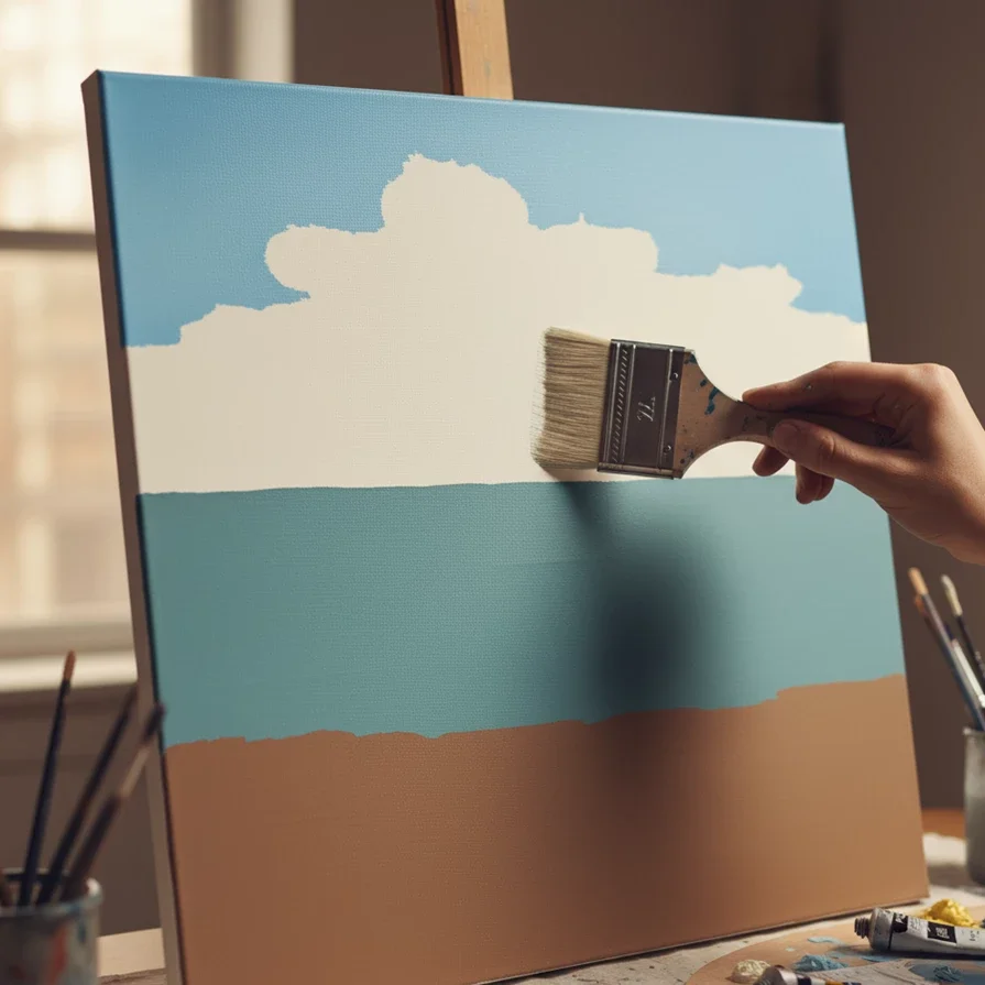 hand brushing cloud shape on seascape canvas