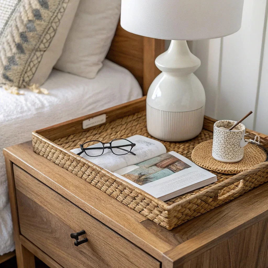 Farmhouse bedroom nightstand with a white ceramic lamp, wood nightstand, woven tray holding a book and reading glasses.