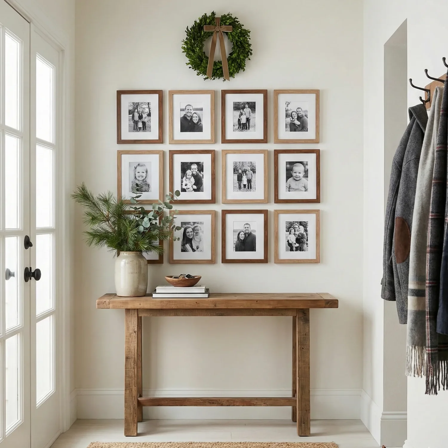 Entryway console with gallery wall and holiday wreath