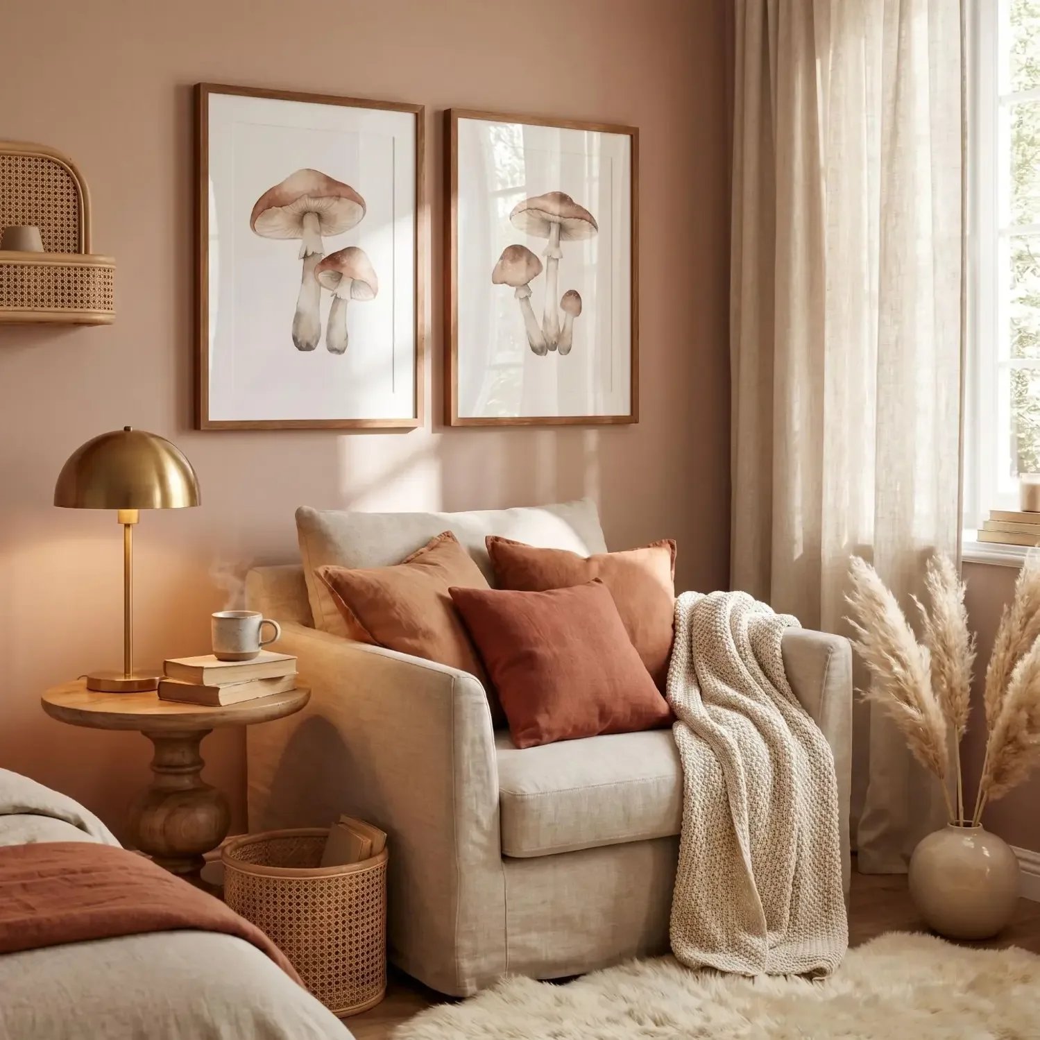 Watercolor mushroom prints in cozy bedroom reading nook