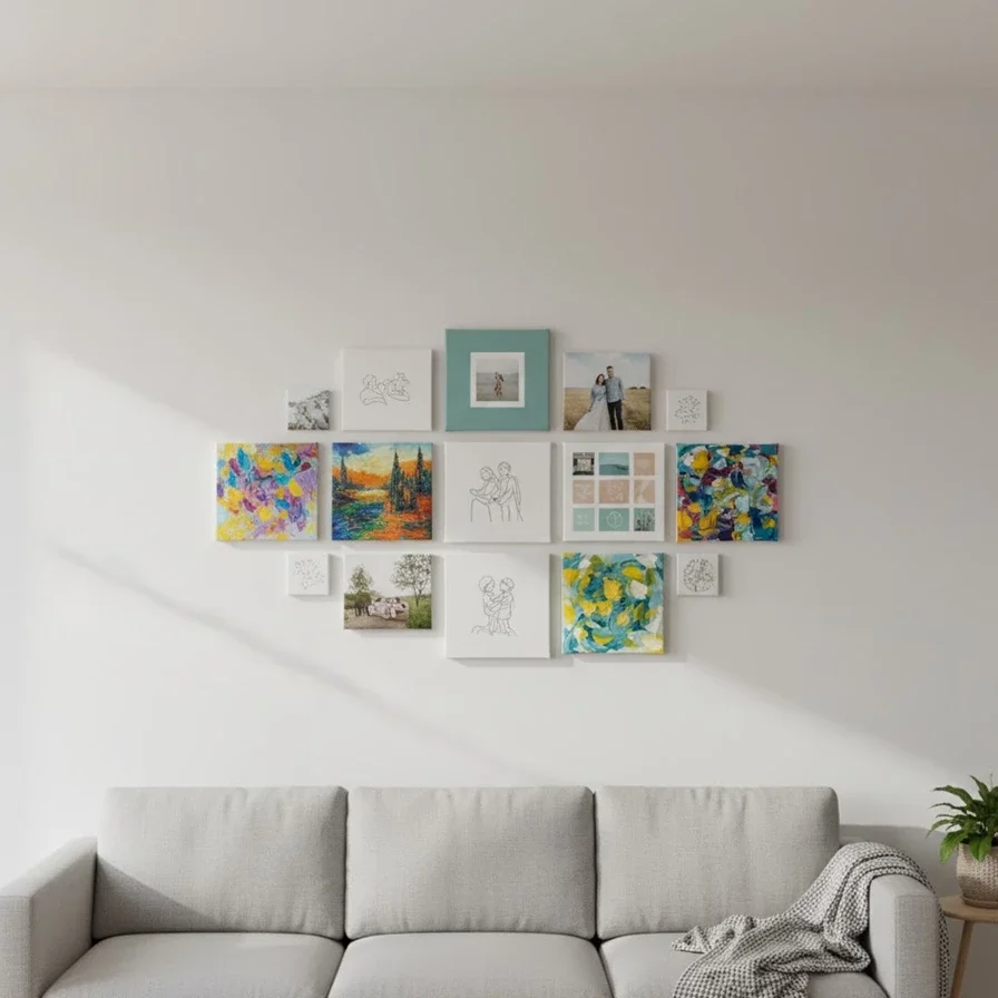 colorful canvas and photo grid hangs above gray sofa