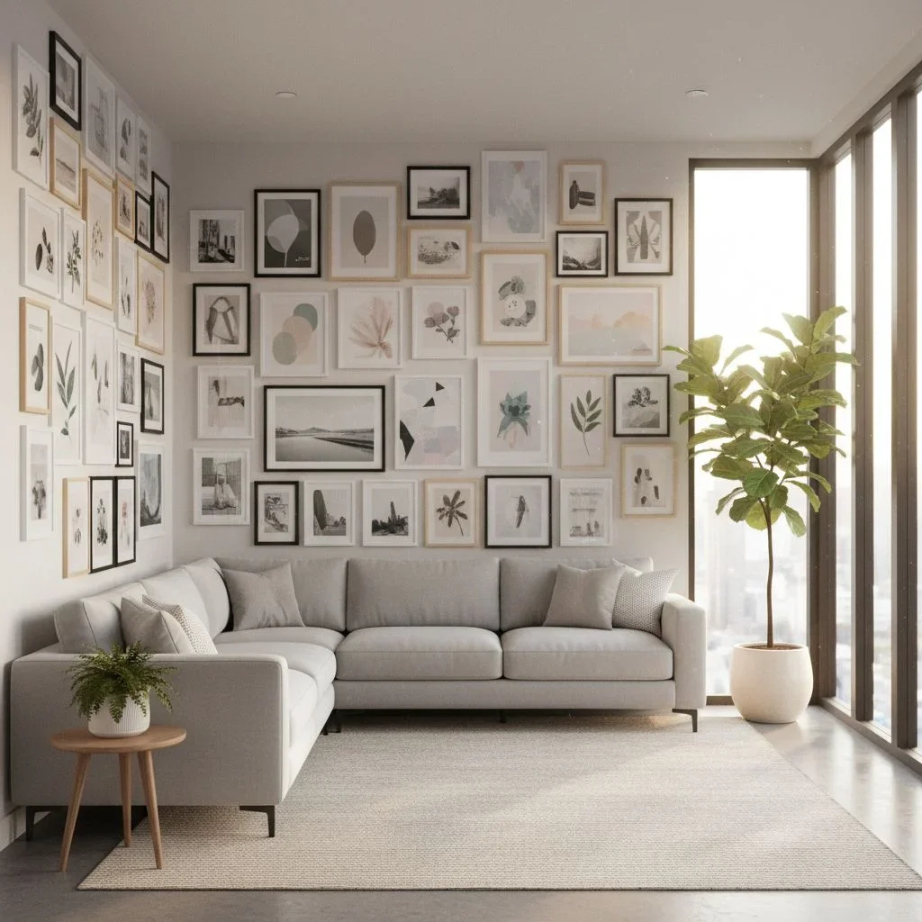 Sunny corner living room with framed pictures