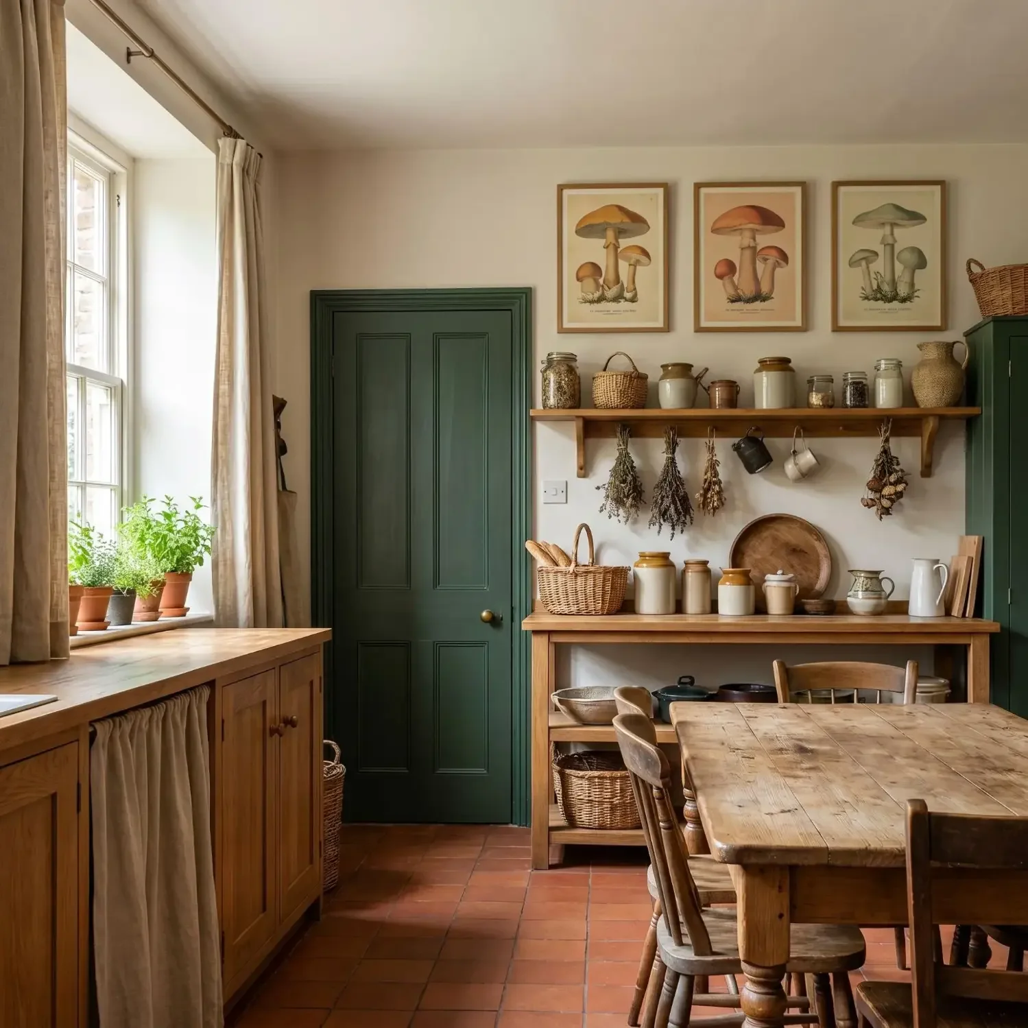 Mushroom botanical prints above kitchen open shelving