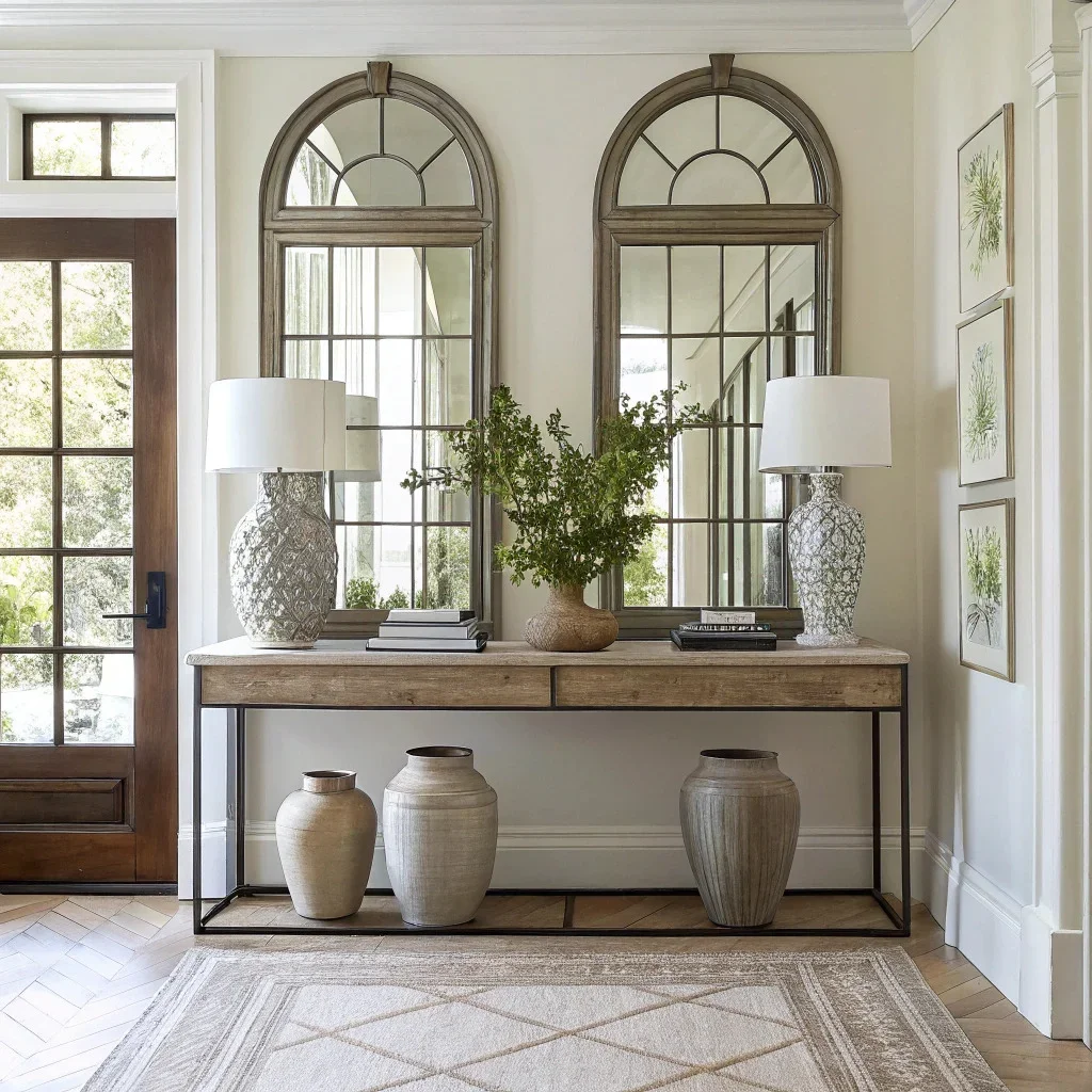 Entryway featuring symmetrical mirror panels above a console table.