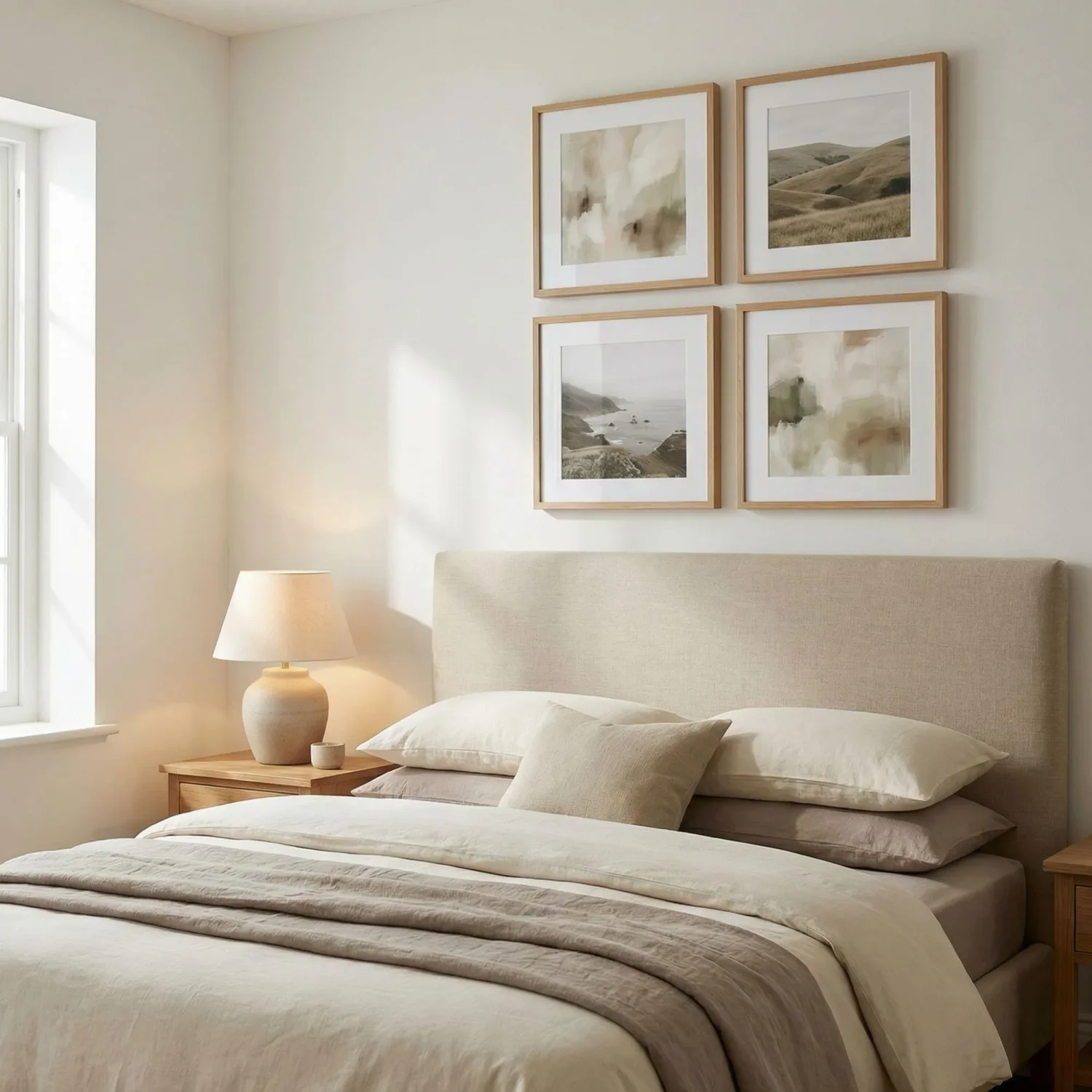 Bedroom symmetrical 2x2 framed photos above headboard