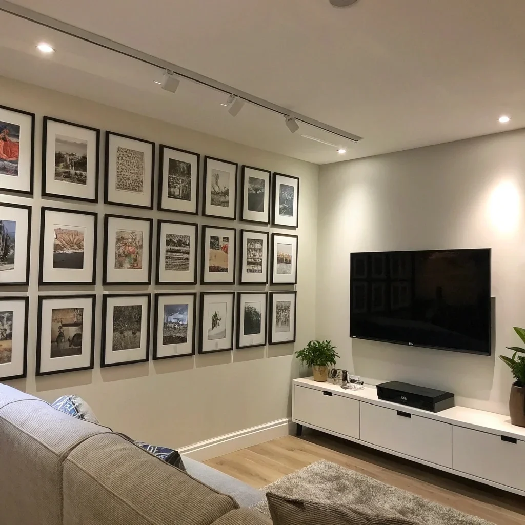 Living room TV wall with a small grid or vertical pair of frames placed opposite or adjacent to the screen to balance visual weight.