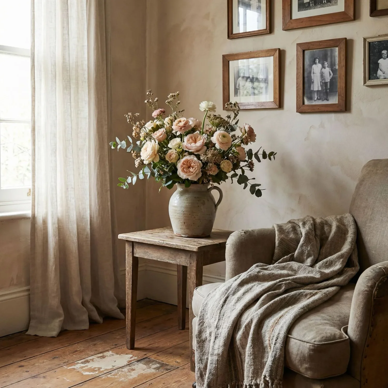 Romantic garden-style floral arrangement indoors