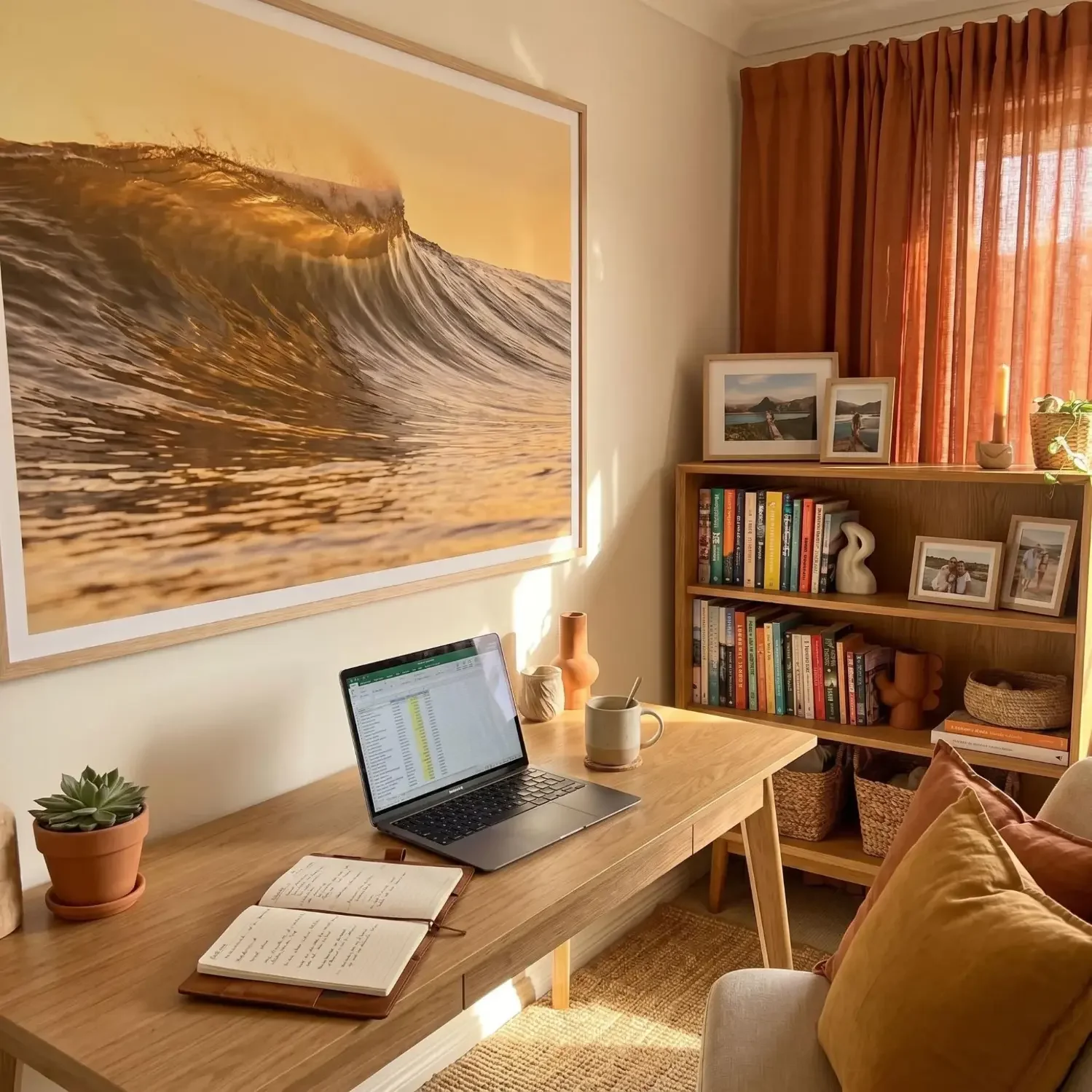 Home office with golden ocean wave framed wall art