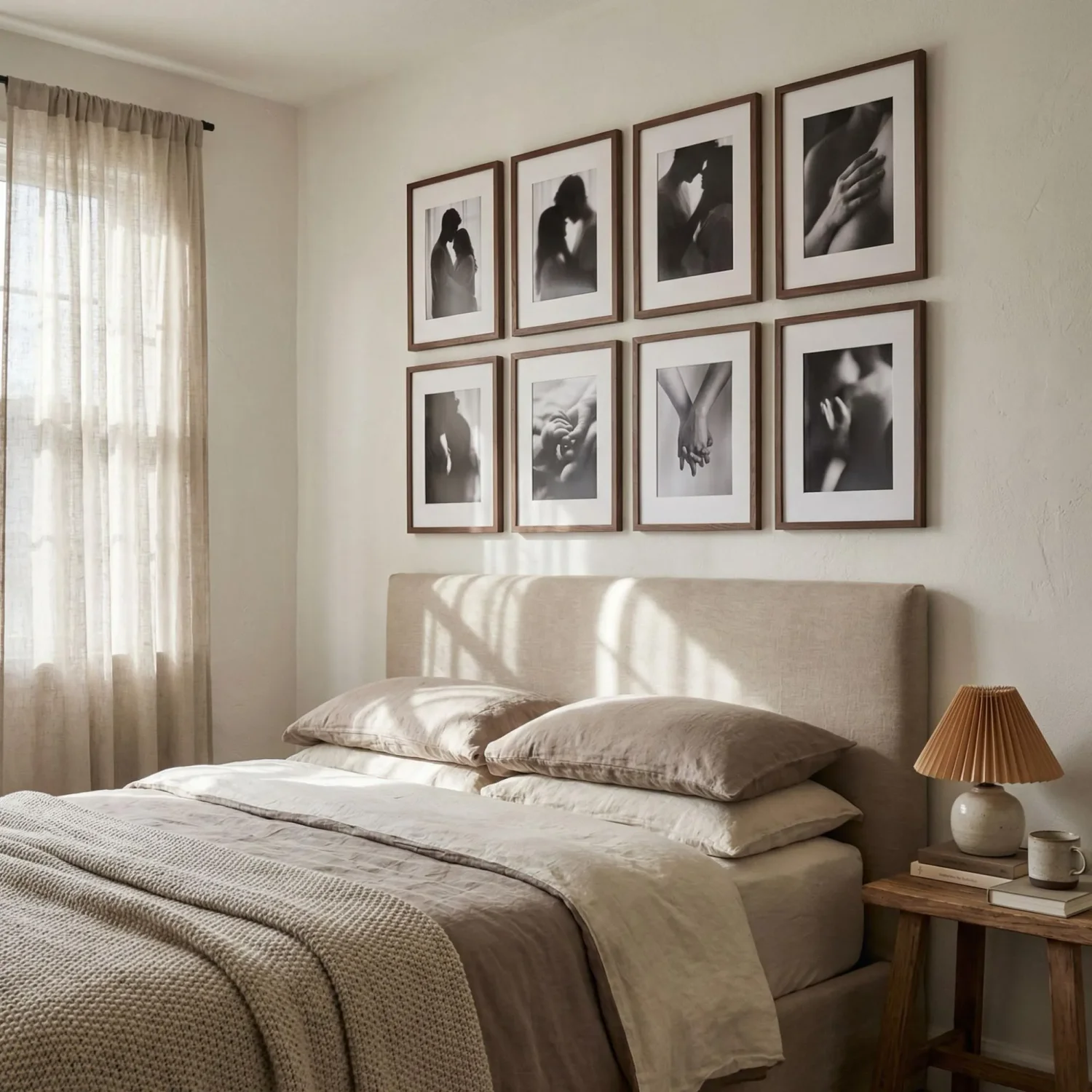Black and white bedroom wall with couple portrait frames