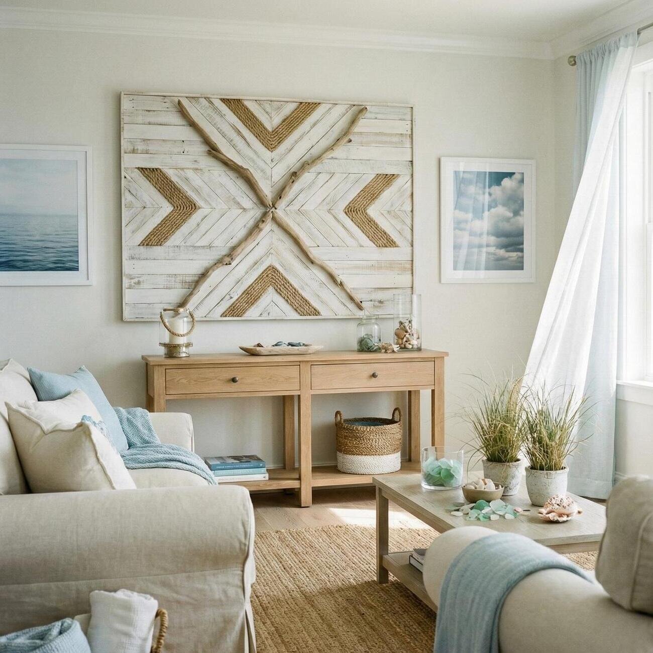 Coastal living room with large wood wall art and airy blue accents