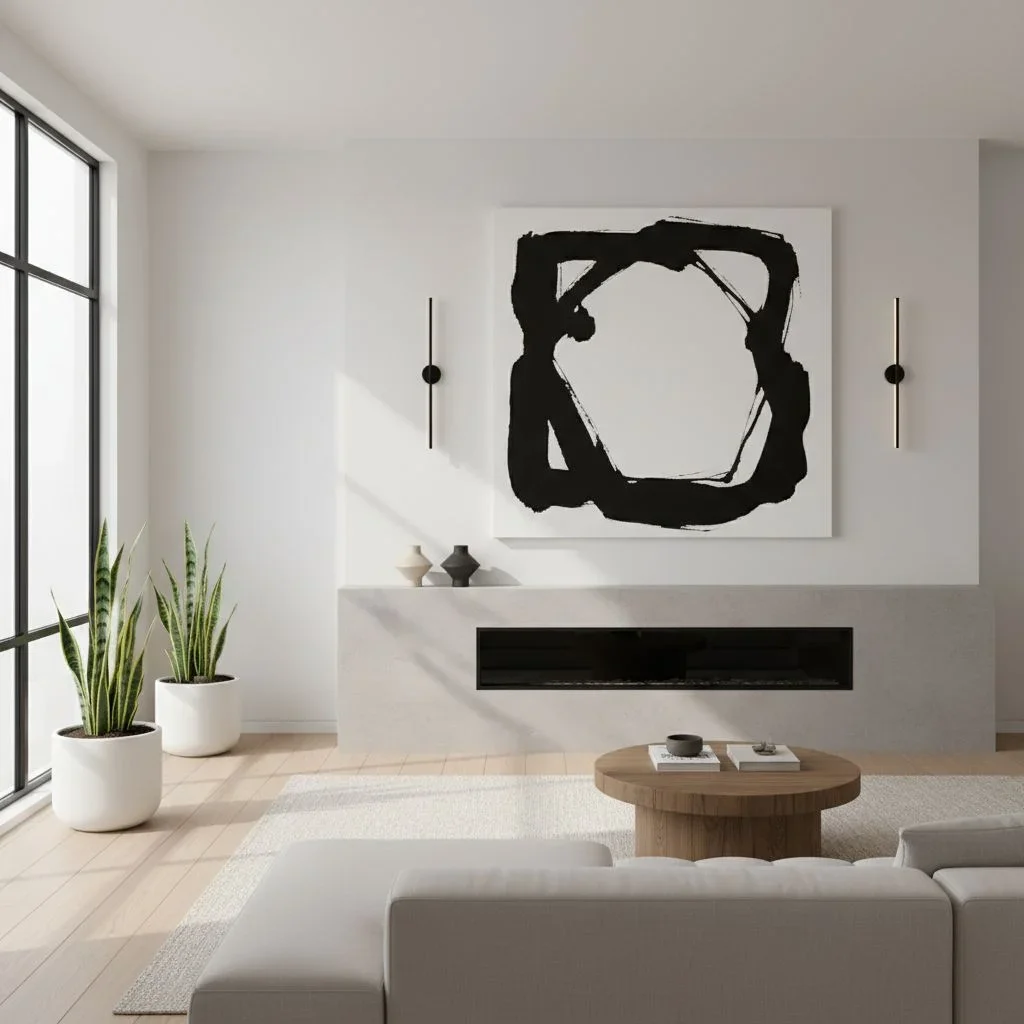 Modern home design with fireplace and abstract mural painting