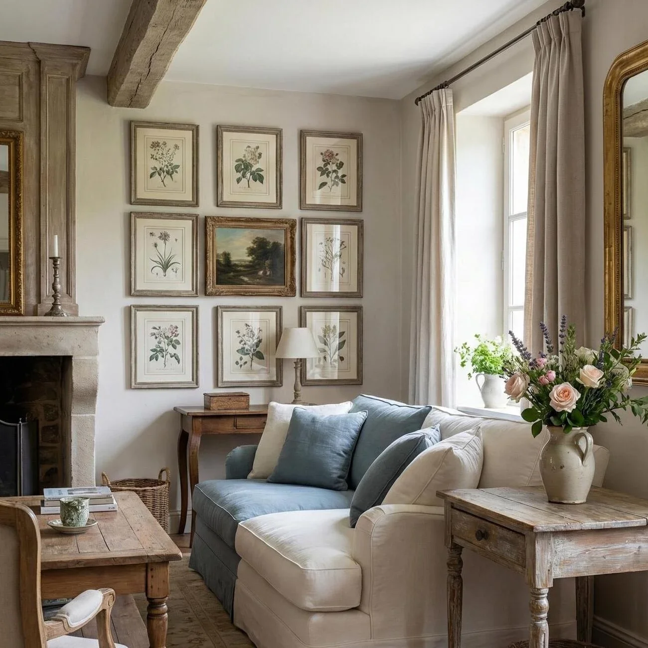 Cozy French-style room with floral art and rustic wooden furniture