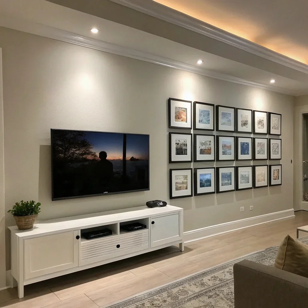 Modern TV wall with a clean grid of matching photo tiles arranged in a neat rectangle beside the screen, creating a minimalist, balanced frame with even spacing and cohesive design.