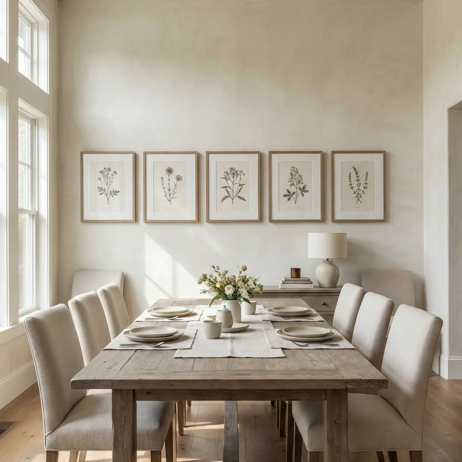 Sunlit dining room with rustic table and botanical wall prints