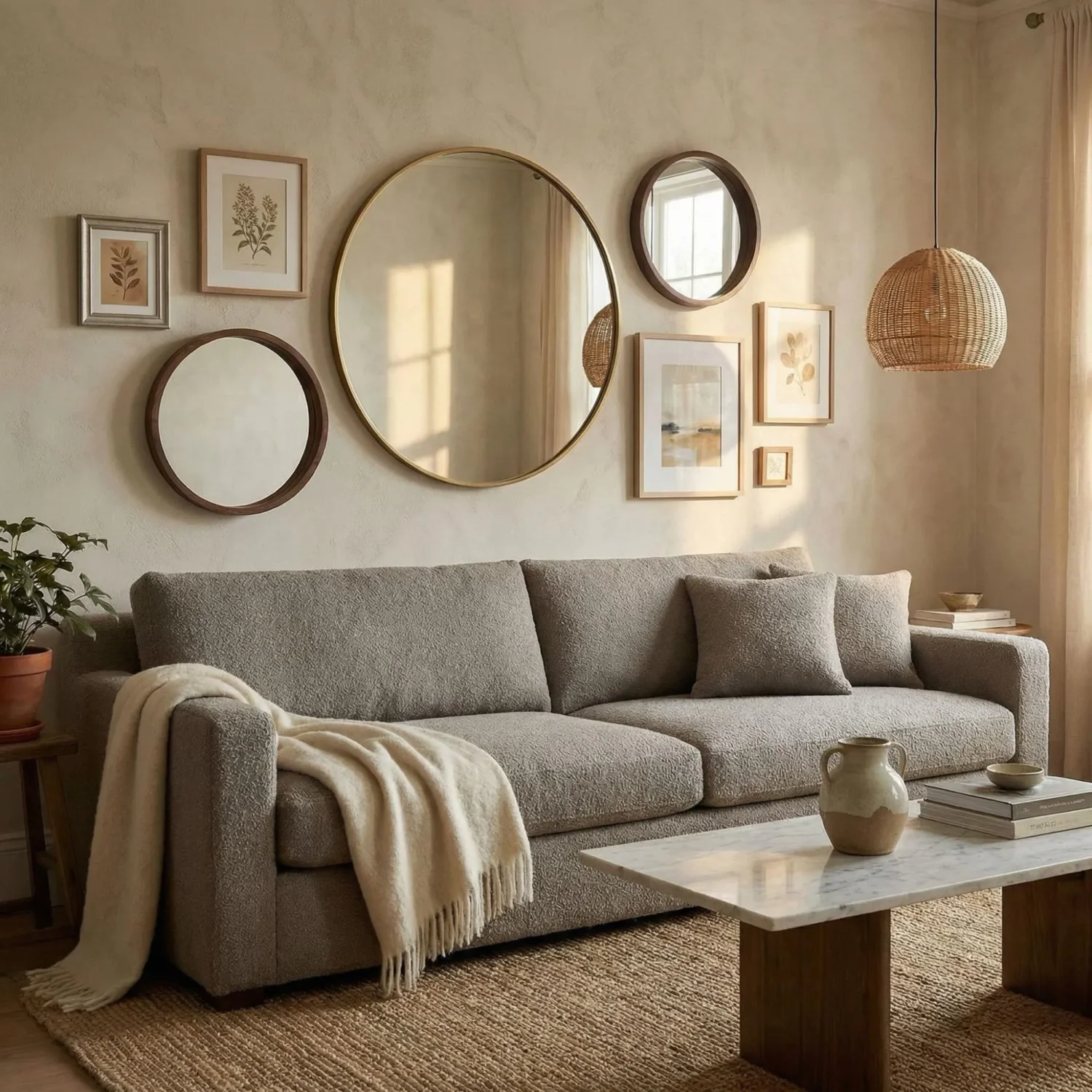 Round mirrors and framed art above a bouclé sofa
