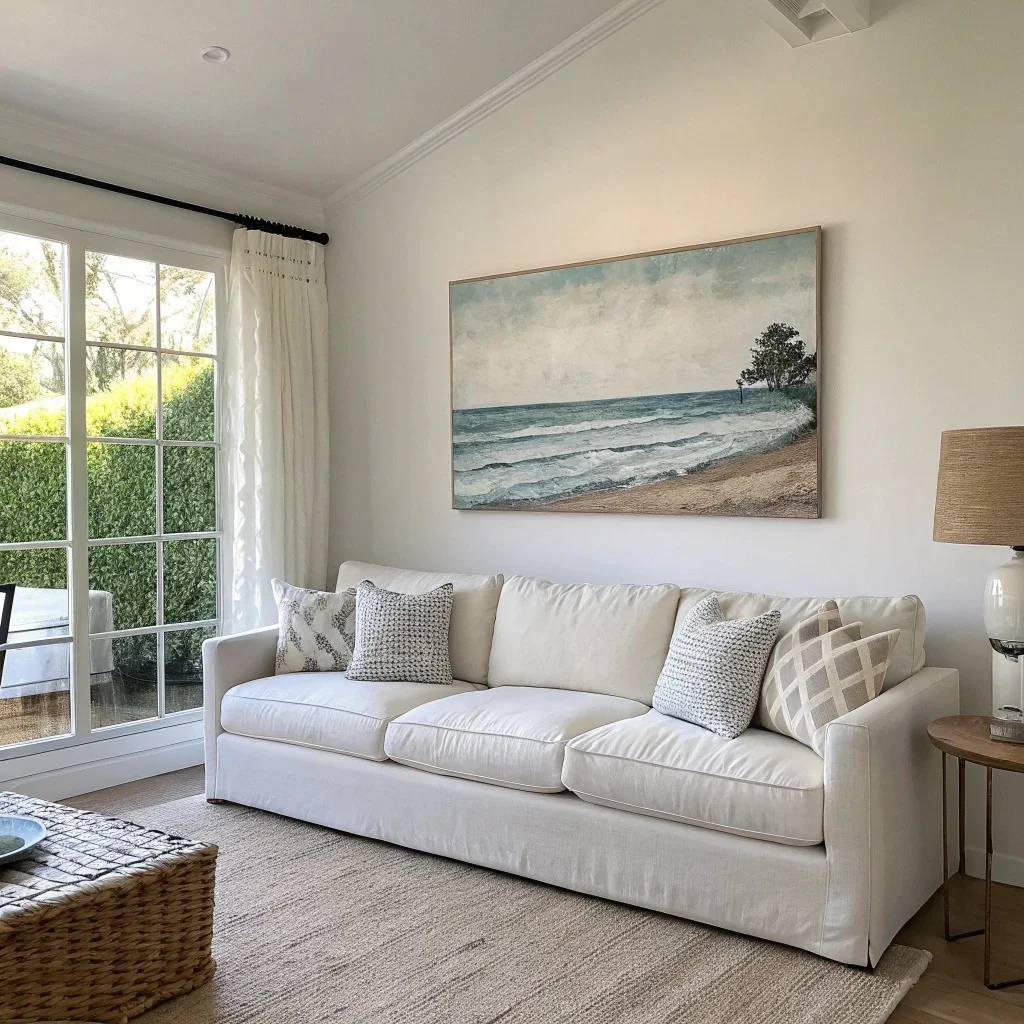 Large living room wall featuring a single oversized canvas centered above a sofa, creating a bold, minimal focal point.