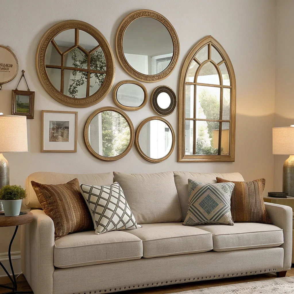 Eclectic mirror wall with round, arched, and framed pieces arranged above a sofa.