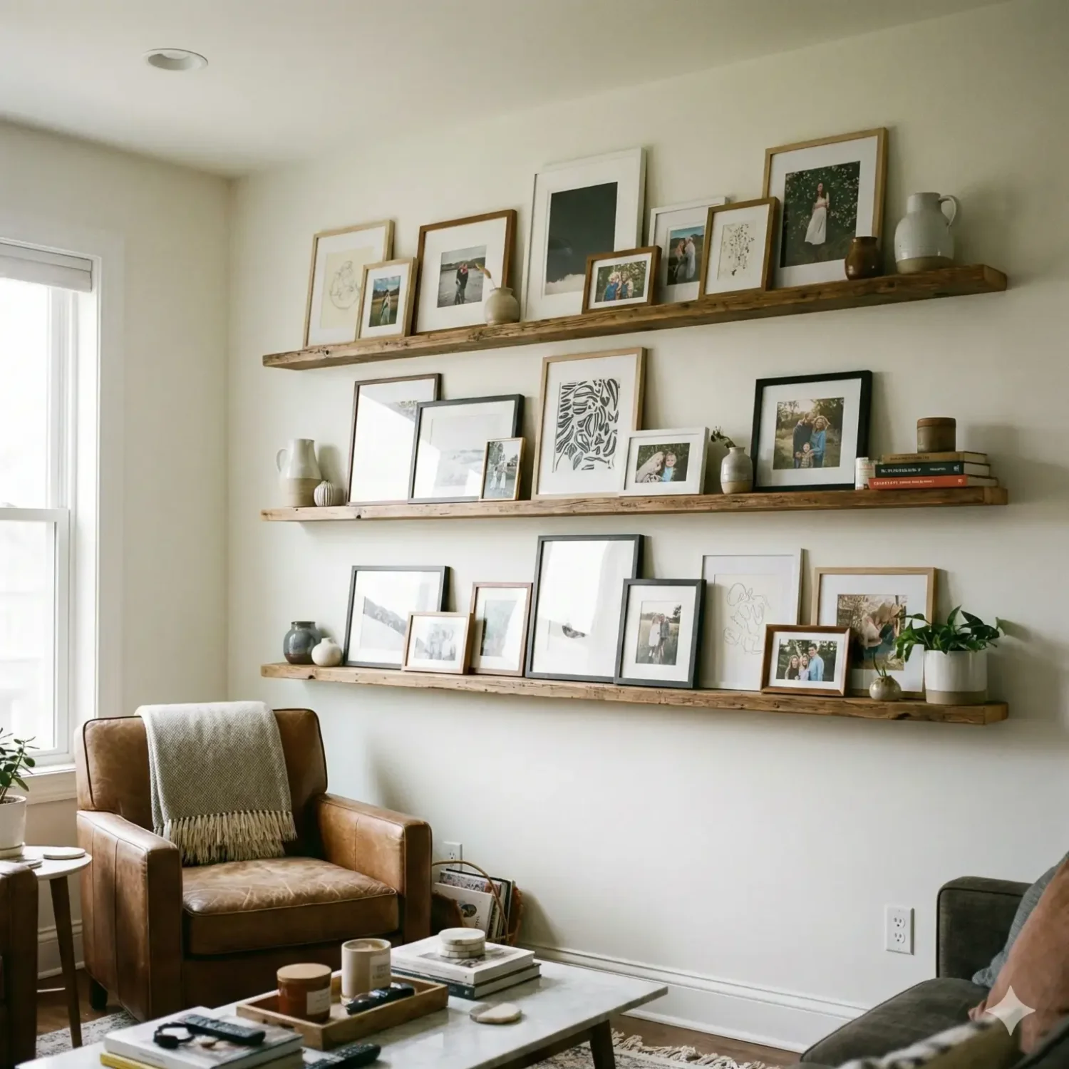 Floating shelves with framed photos above a cozy reading chair