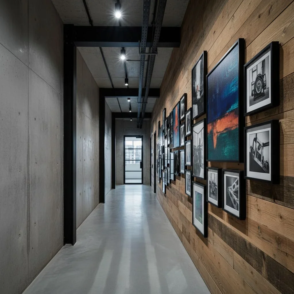 Industrial hallway with black frames and rich textures