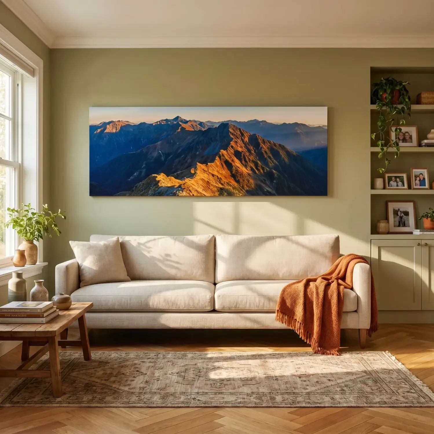 Panoramic mountain canvas above sofa in living room