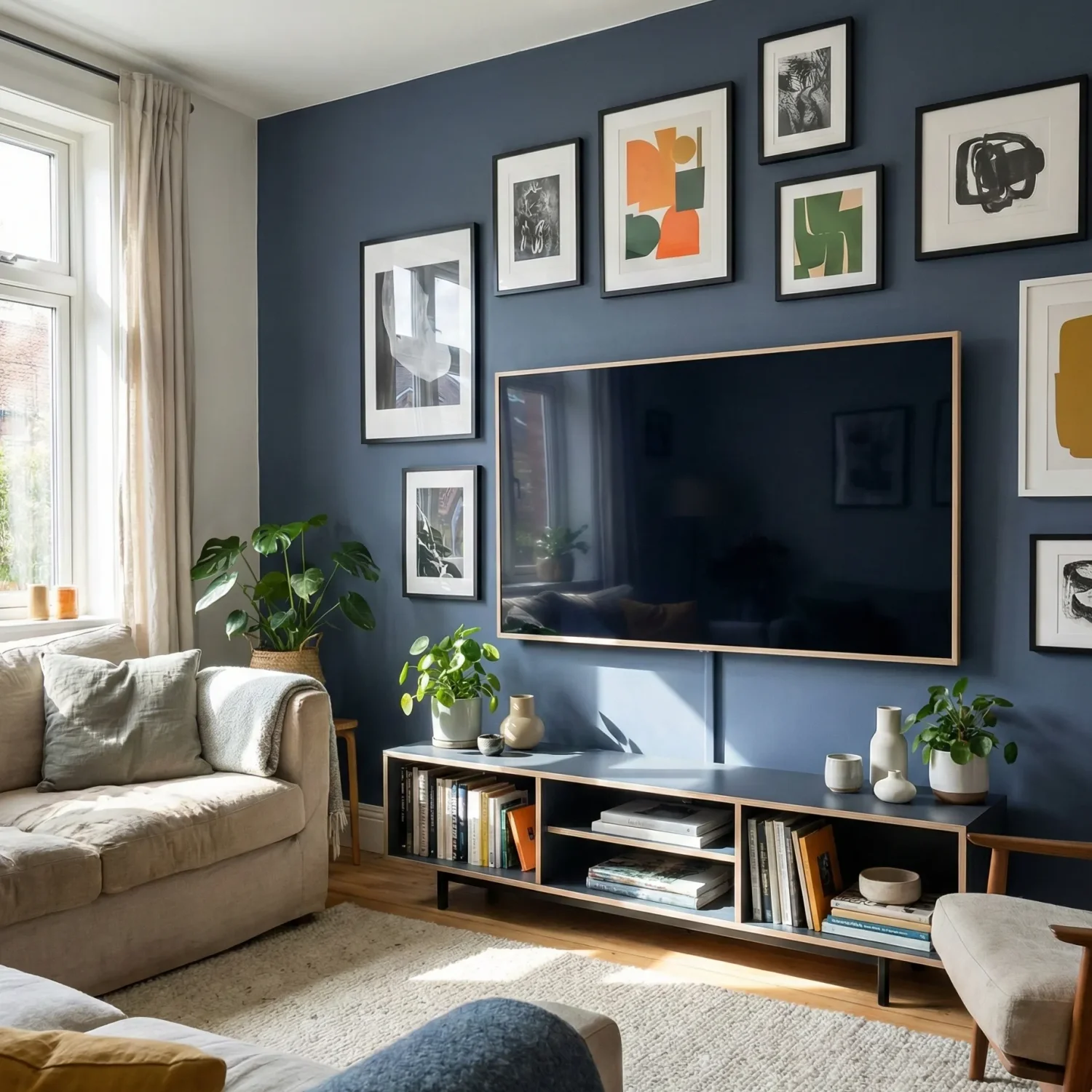 Blue accent wall with TV, gallery art, and plants