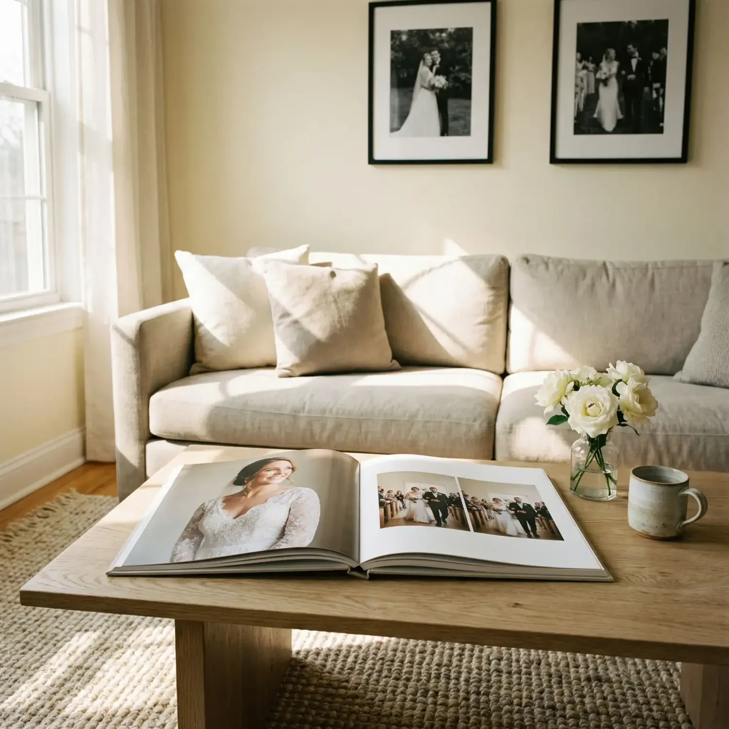 Wedding photo book open on oak coffee table