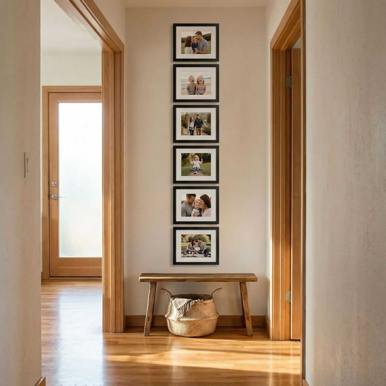 Vertical framed photos column in a narrow hallway