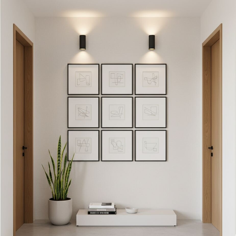 Grid of abstract line art framed between two doors