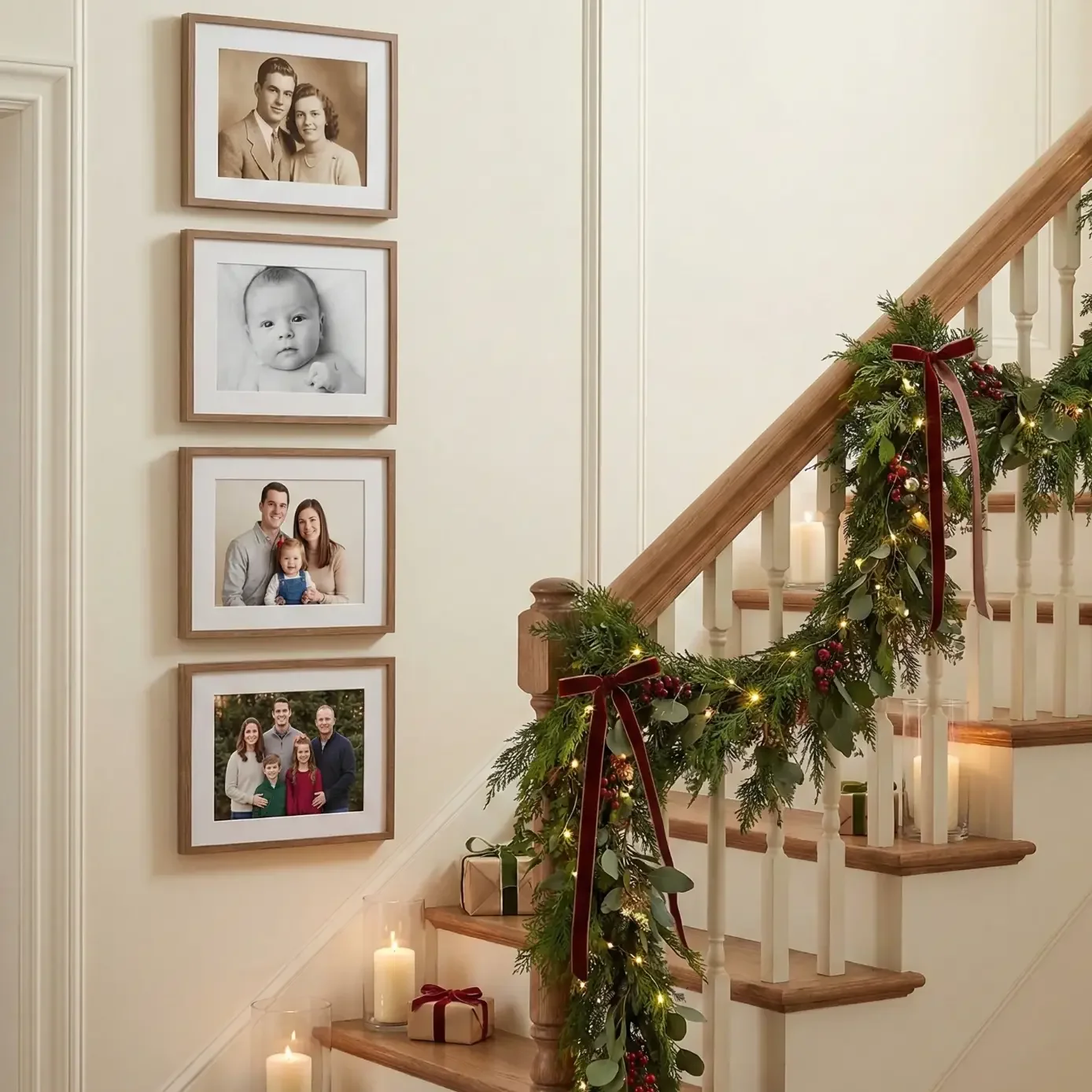 Holiday staircase garland with lights, ribbons, and family photos