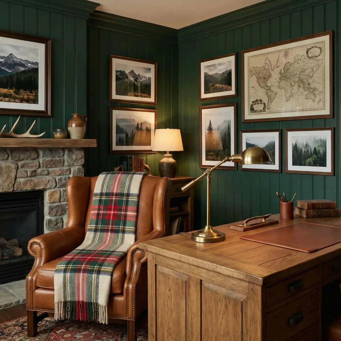 Rustic office corner with map wall art and brass desk lamp