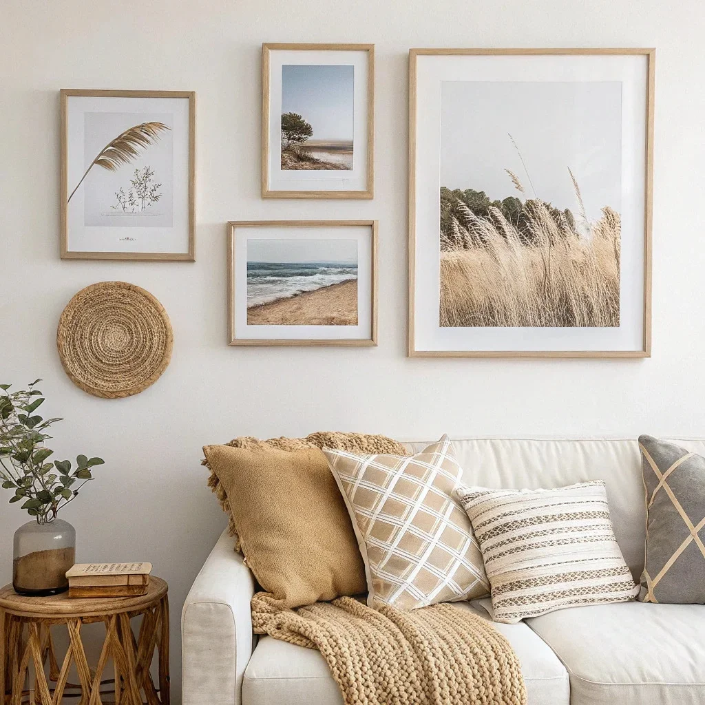 Gallery arrangement mixing framed photos with small woven or wooden accents to add texture and depth.