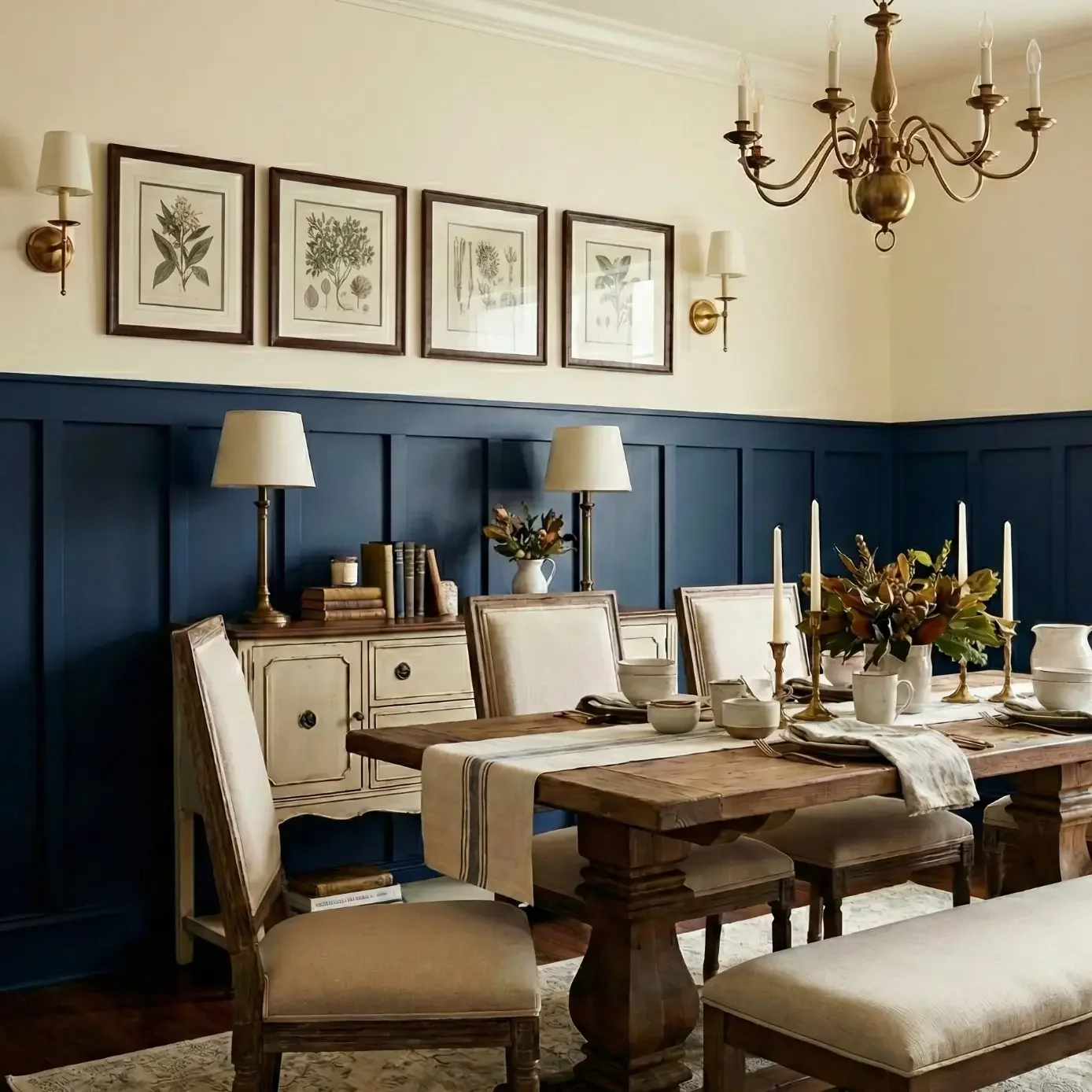 Traditional dining room with blue wainscoting and chandelier.