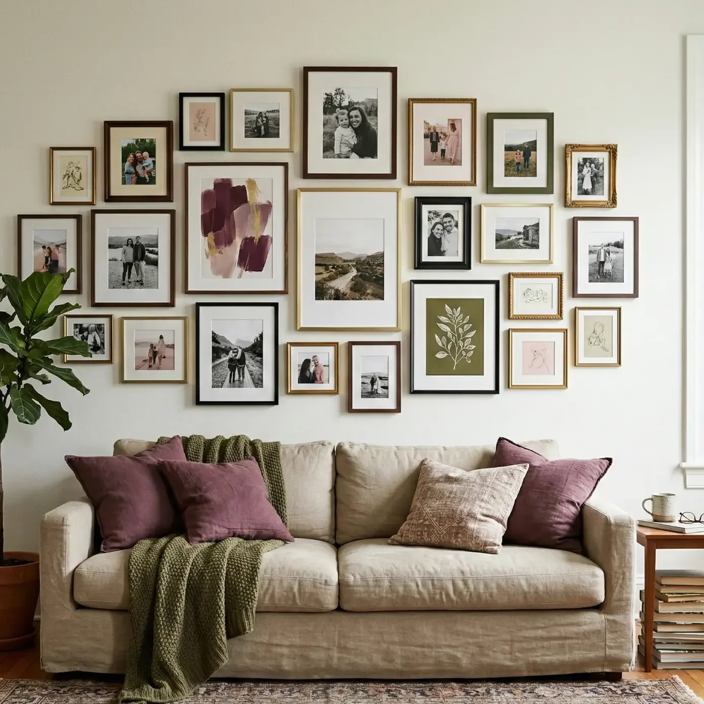 Cozy living room with photo collage wall and plum accent pillows