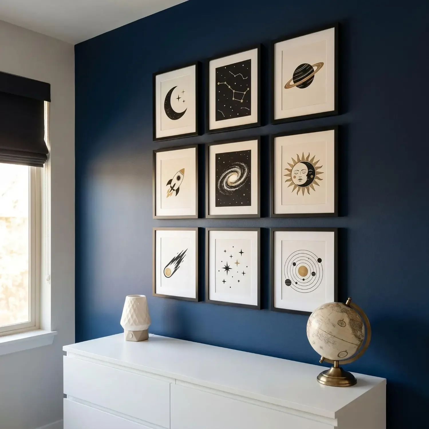 Celestial framed art on a navy nursery accent wall