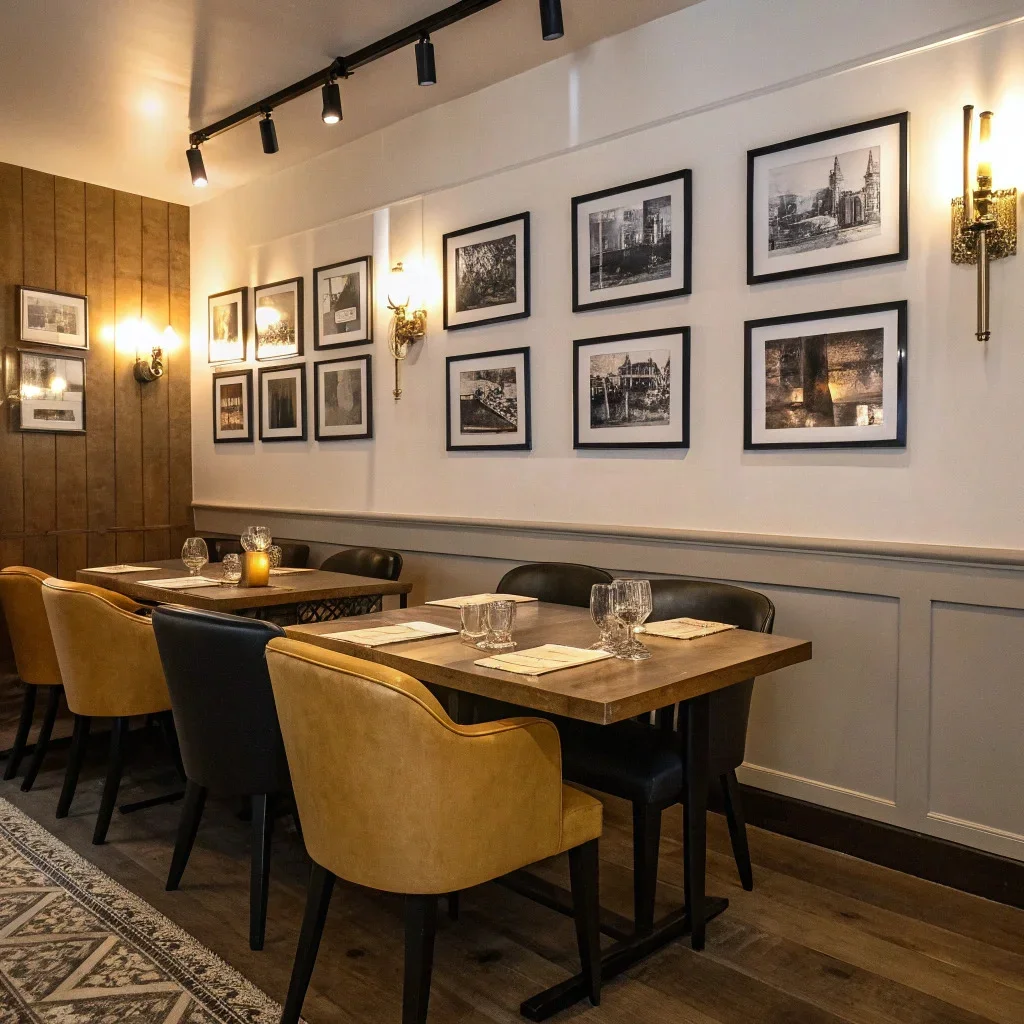 Dining area in a restaurant demonstrating harmony through repeated materials and colors, such as matching black frames, chair legs, and brass sconces.