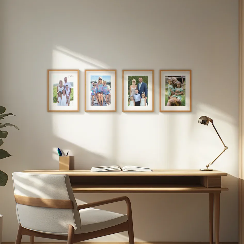 Desk with four family photos on wall in sunlit room