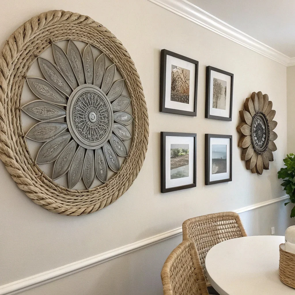 Dining room wall featuring metal or woven sculptural art complemented by one or two simple framed photos.