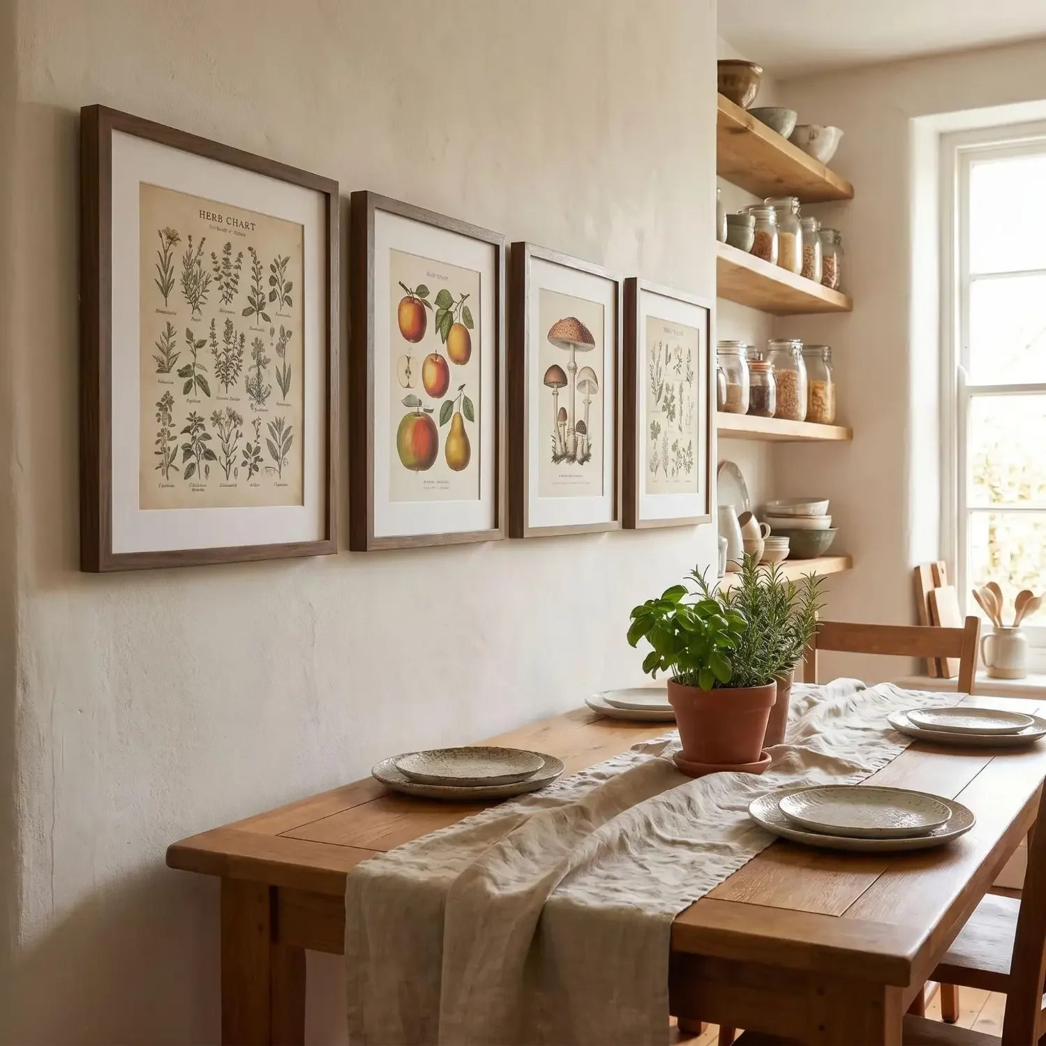 Herb and fruit botanical prints in kitchen area