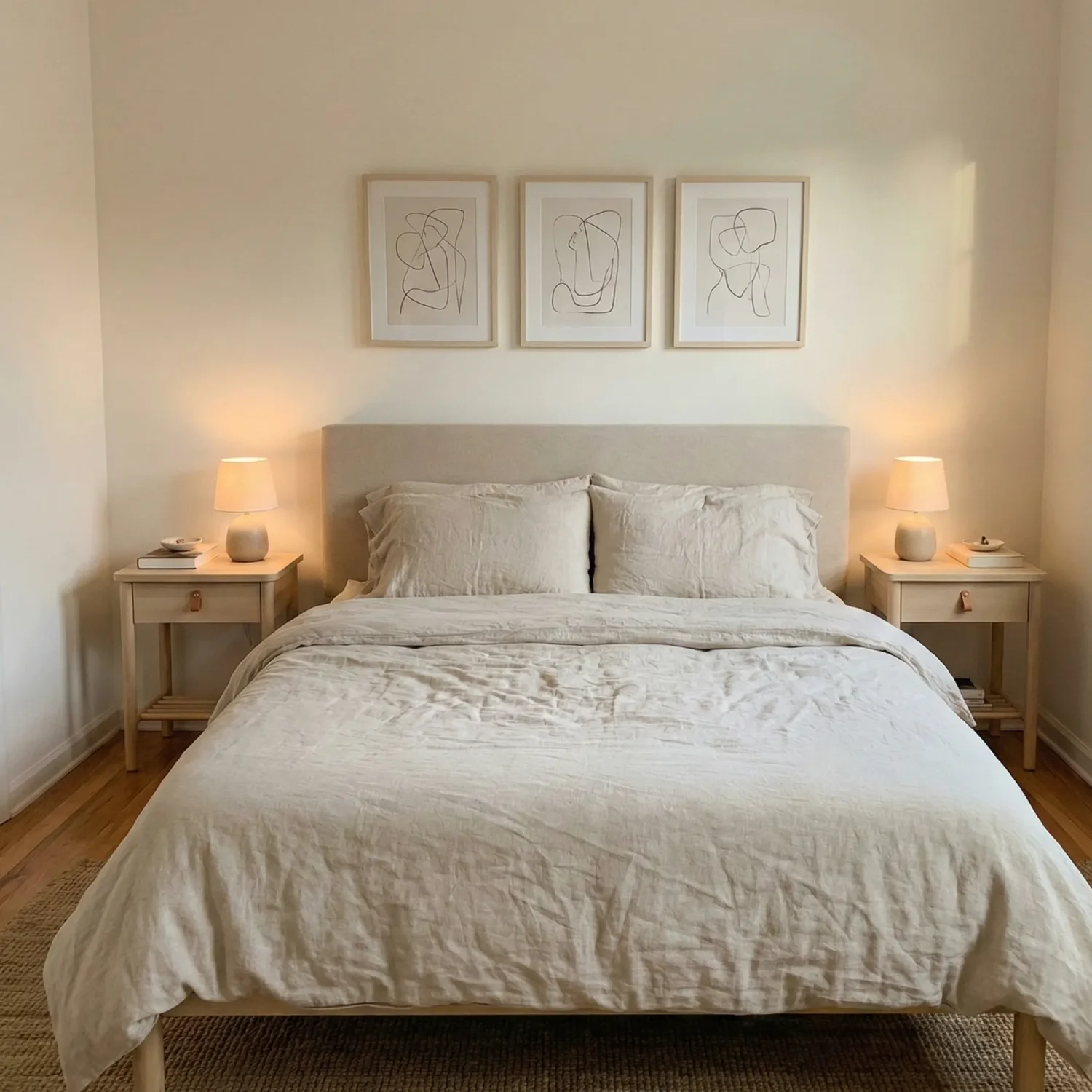 Minimal bedroom with neutral bedding twin lamps, and line art.