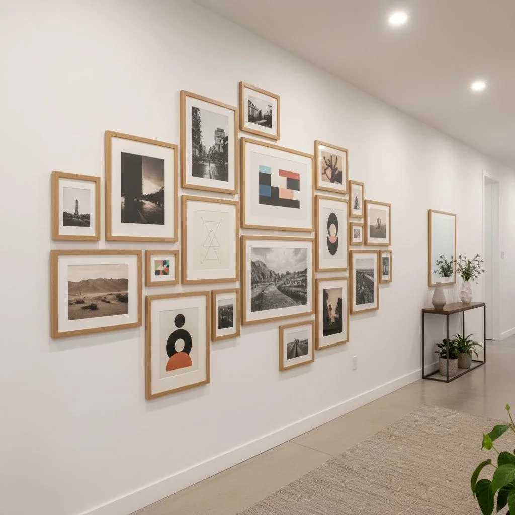 Balanced gallery wall with varied orientations
