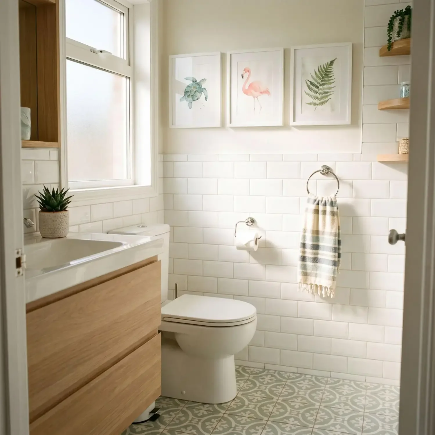 Coastal animal art prints in a bright bathroom