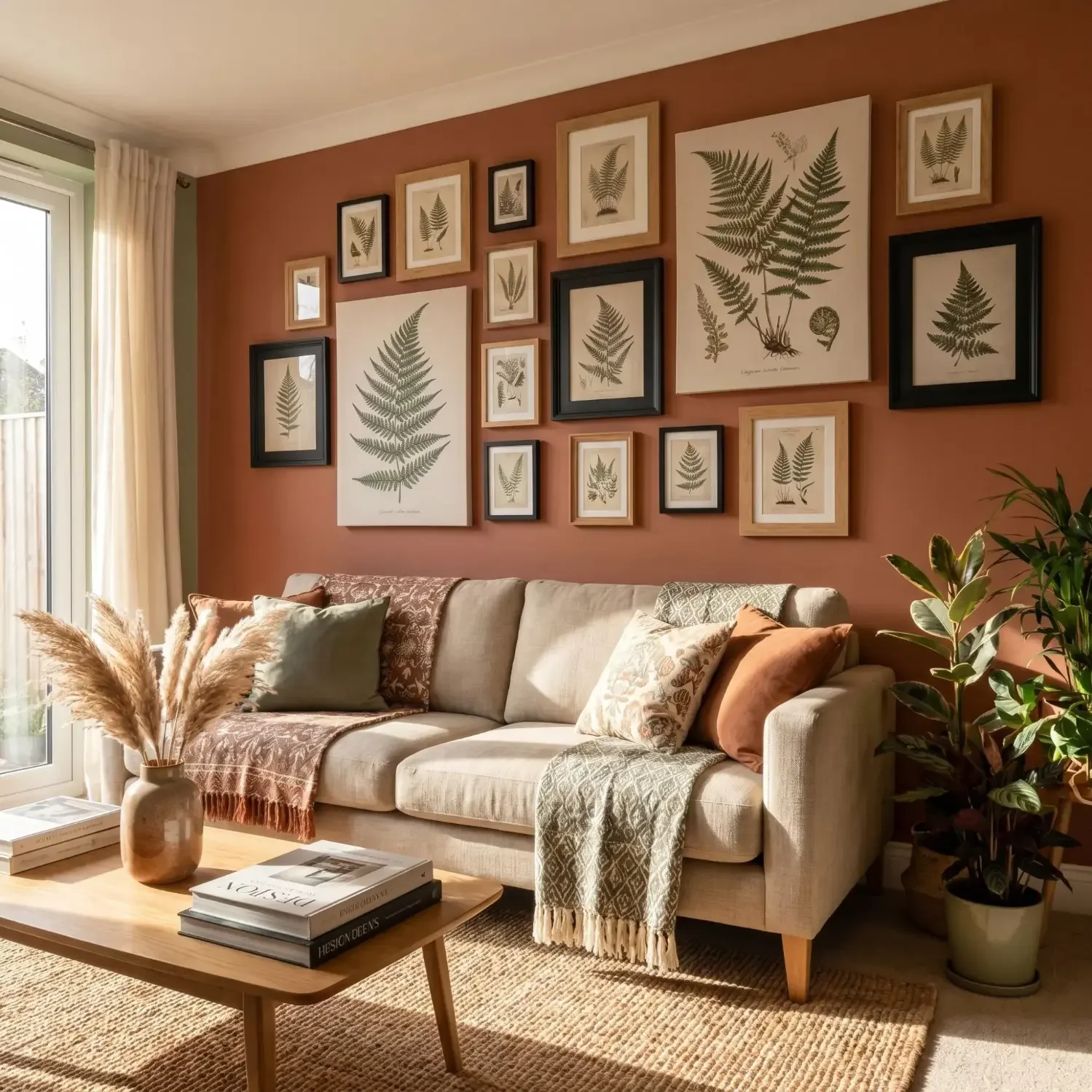 Fern botanical framed prints above living room sofa