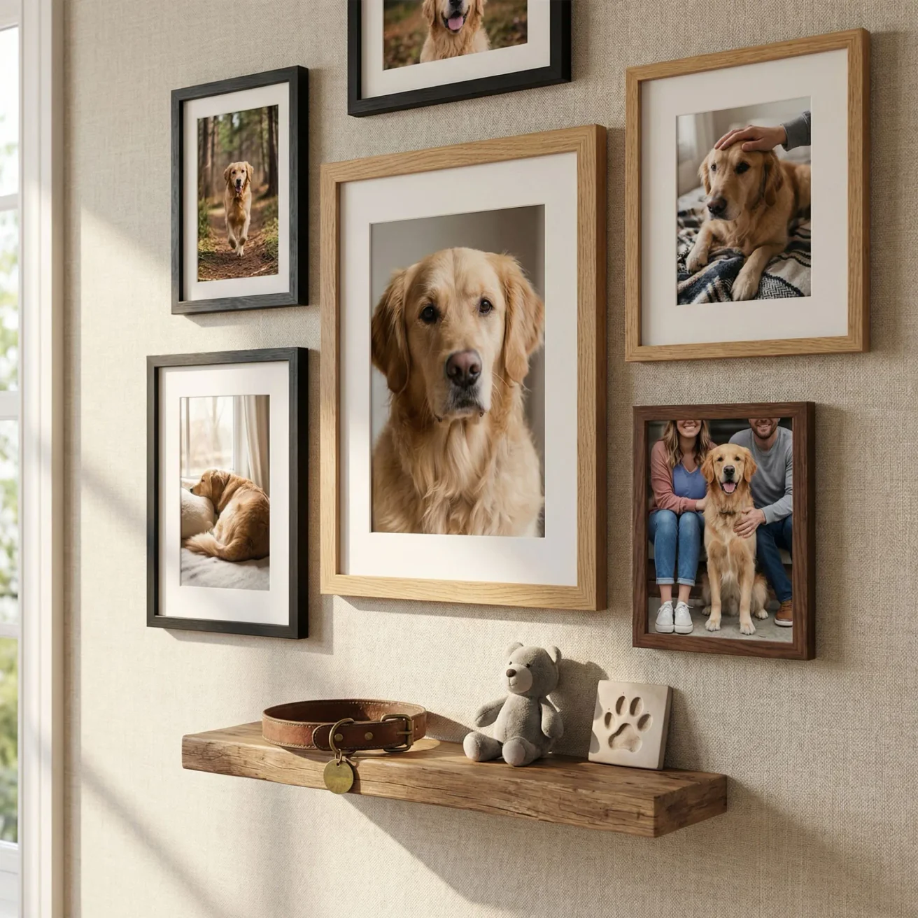 Pet memorial gallery wall with golden retriever photos