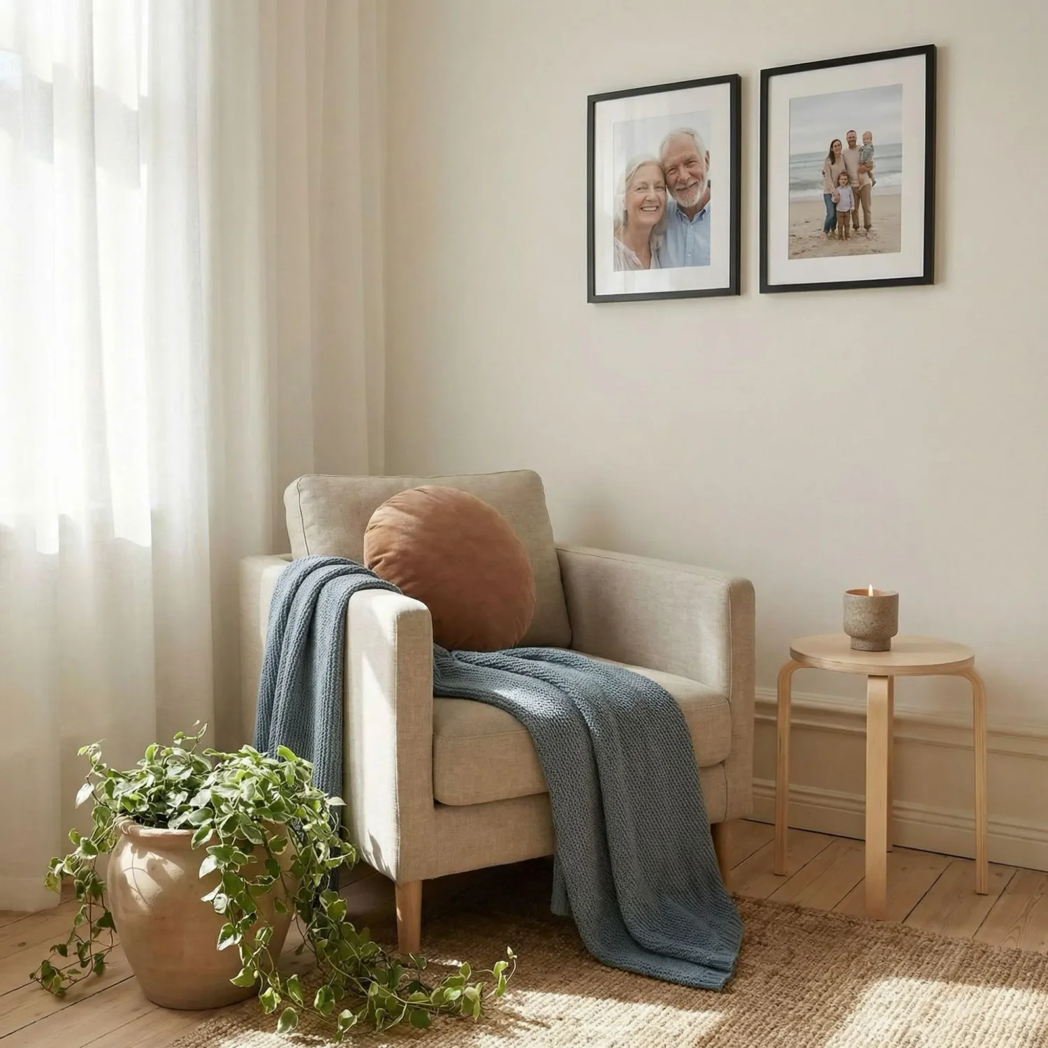 Cozy nook dusty blue terracotta Scandi accents
