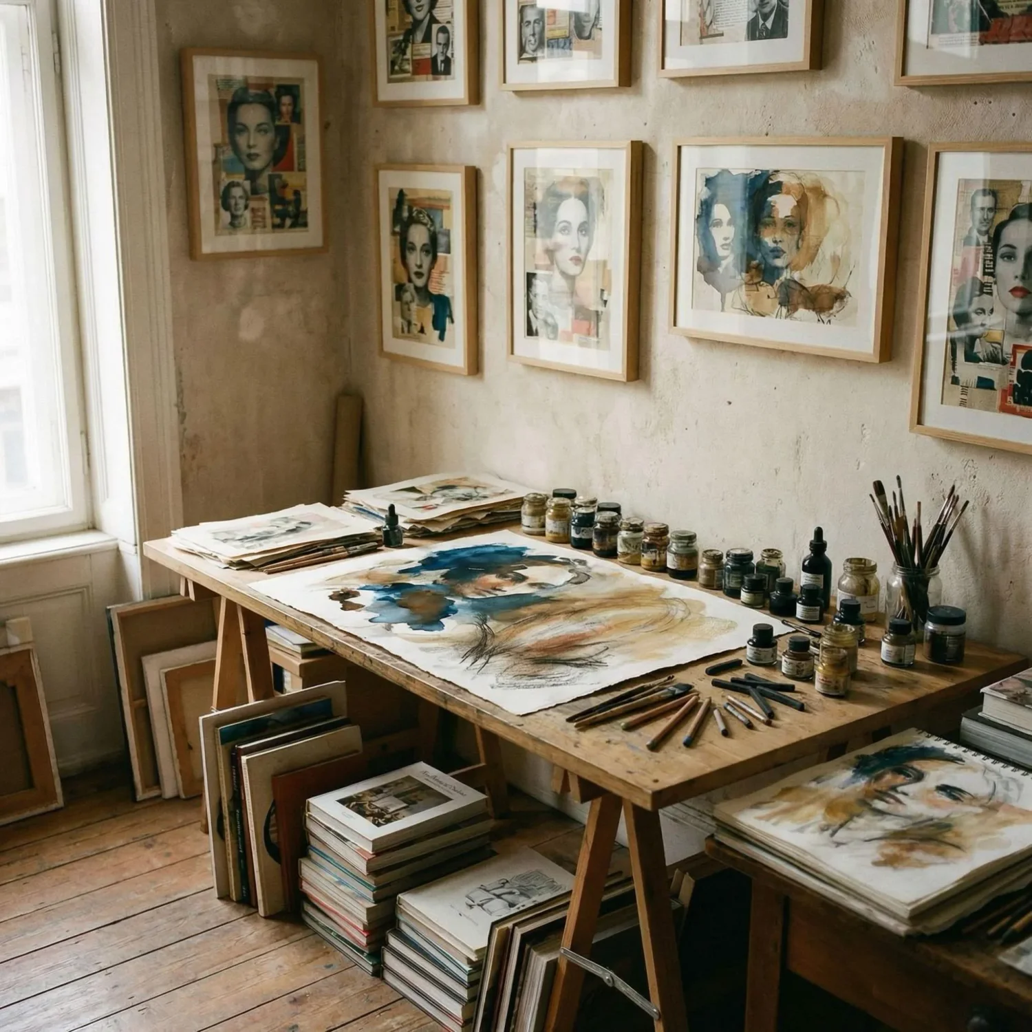 Acrylic paint and dry media layering on art table