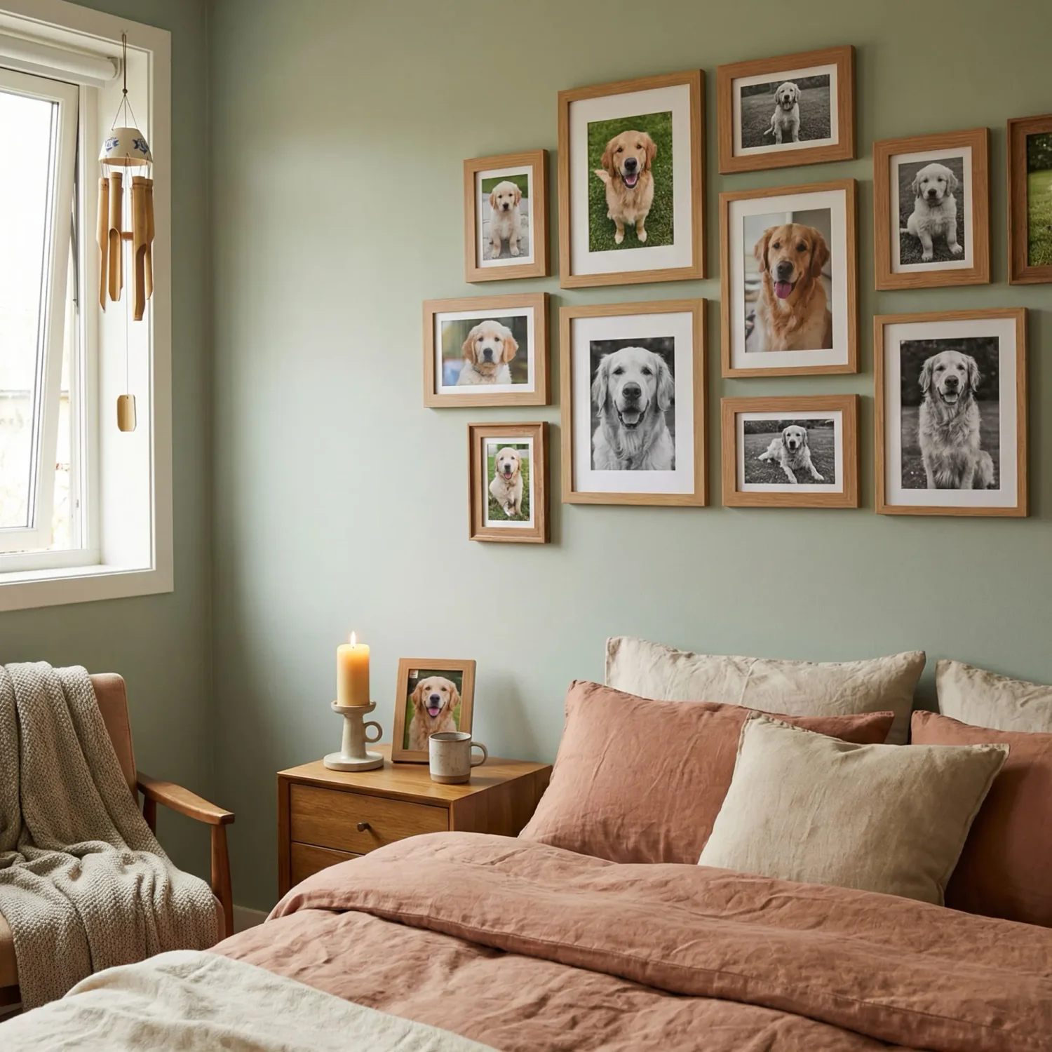 Dog memorial framed photos gallery wall bedroom