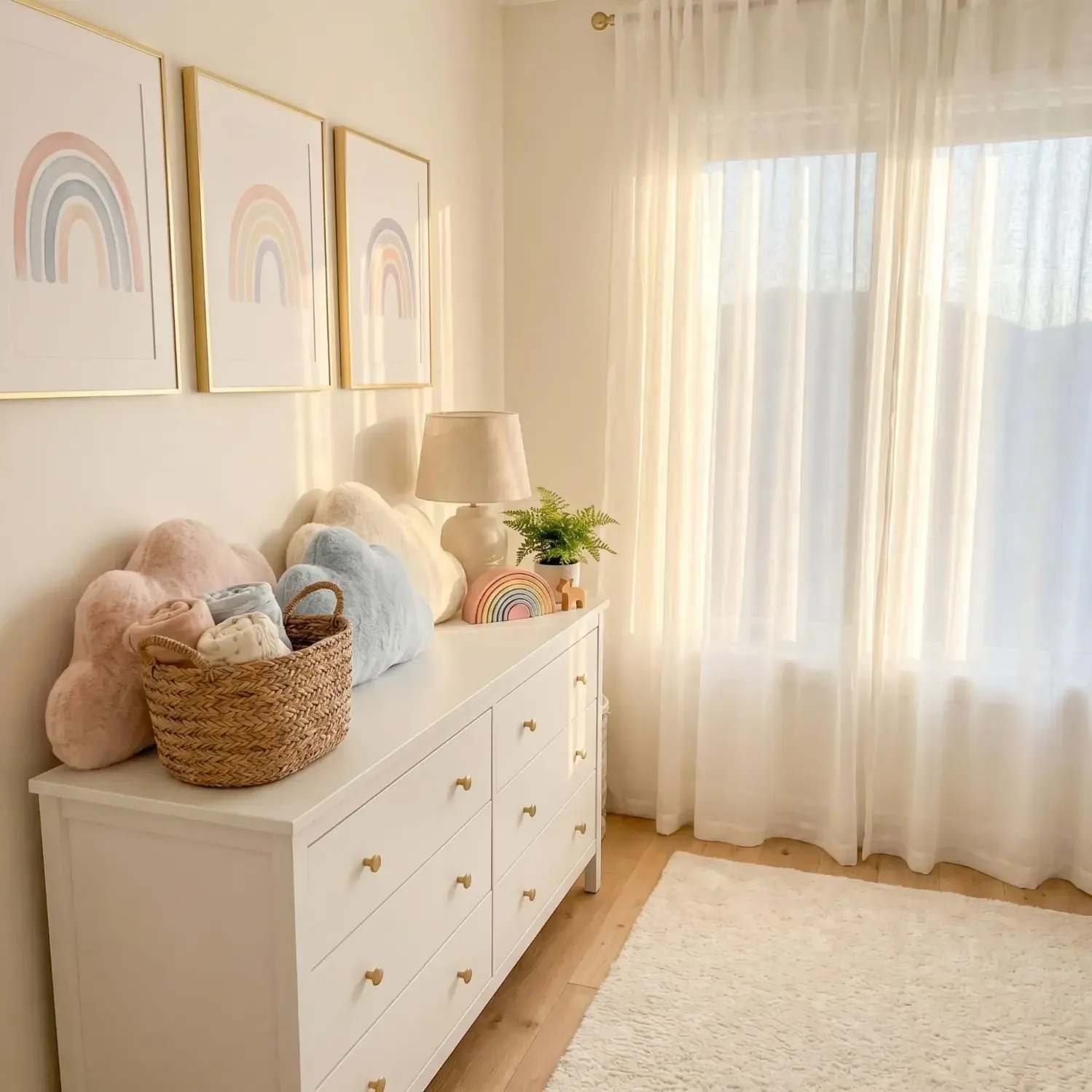 Pastel rainbow nursery wall art above white dresser