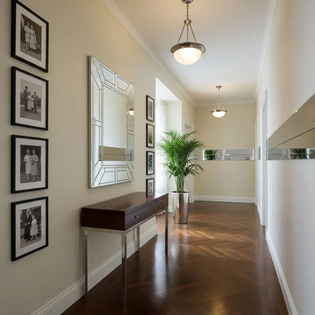 1930s entry and hallway with Deco mirrors